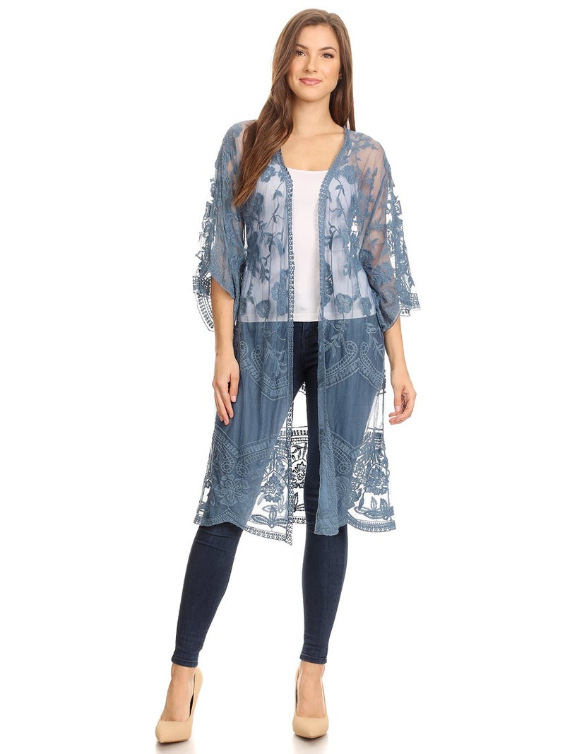 Anna-Kaci Floral Crochet Lace Cardigan for Women Beach Cover Ups Dress Kimono, Blue, OneSize - Image 1